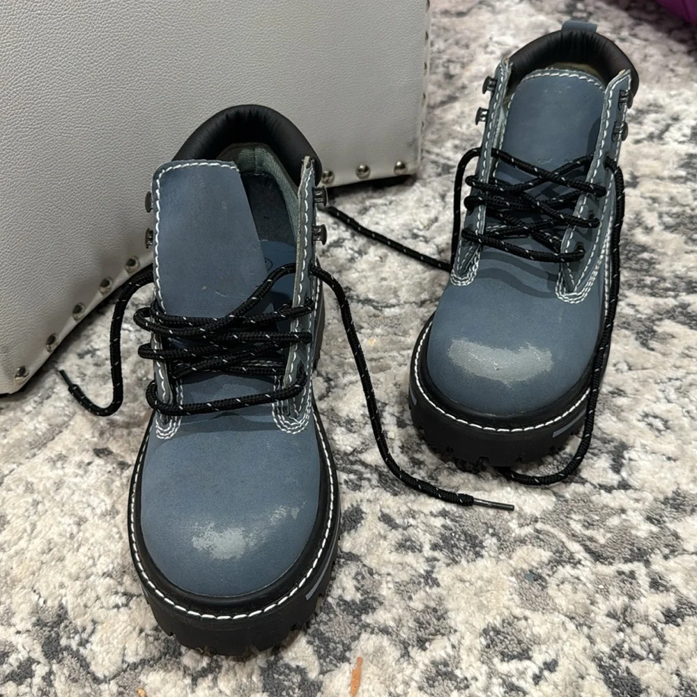 No Boundaries Blue Distressed Zip Stitch Accent Hiker Boots